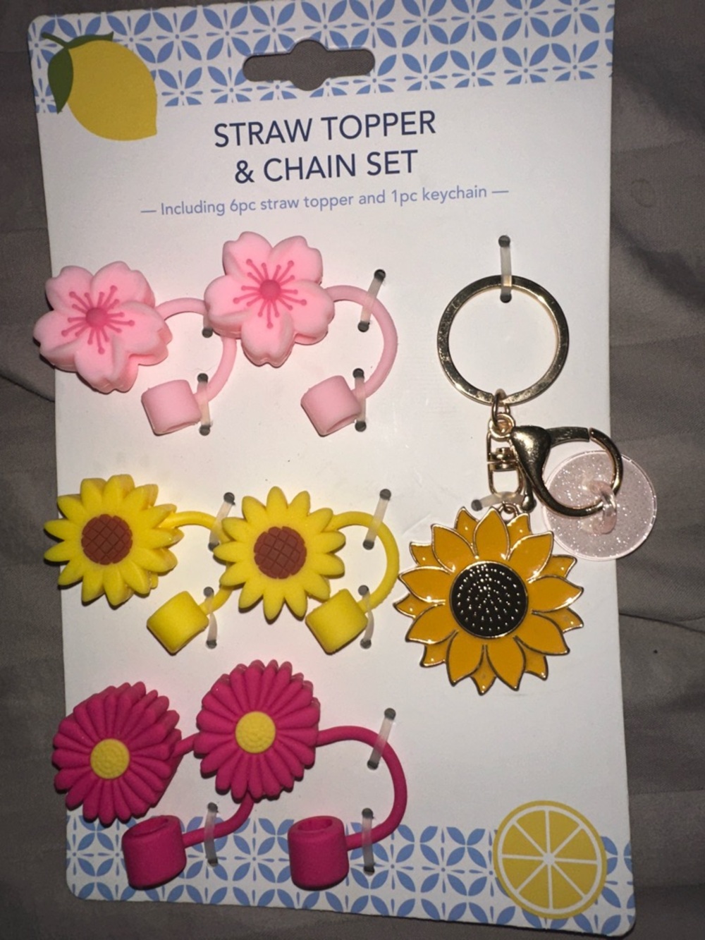 Sunflower & Floral Straw Topper and Keychain Set - Pink, Yellow
